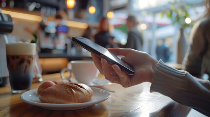 a person holding a smartphone making contactless payment at a modern cafe, POS terminal visible, clean and bright, cinematic 16:9