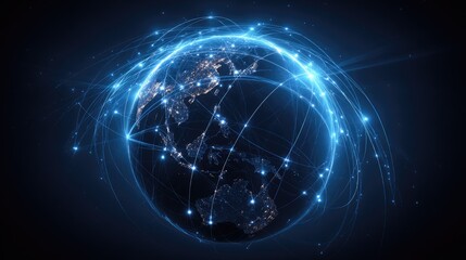 Obraz premium Global network connections depicted on a digital representation of the Earth.