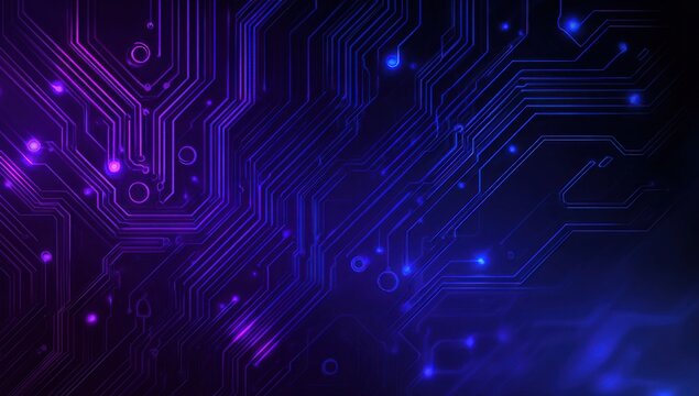 Abstract circuit board pattern in deep purple and blue.  Intricate glowing pathways and points of light create a complex, technological design