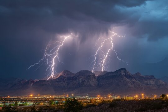 Dramatic lightning strikes over mountainous cityscape at dusk