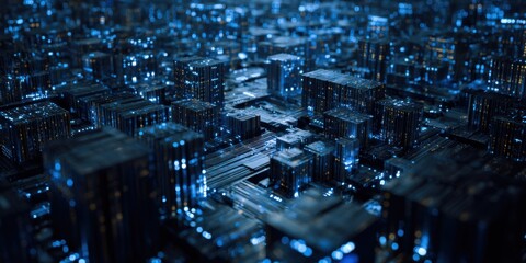 Dark, futuristic city of glowing, interconnected cubes