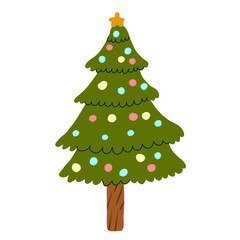 Hand rawn Christmas tree decorated with Christmas balls and luminous garlands. Vector illustration for festive design.