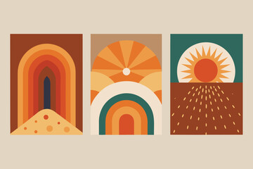 Three Boho Geometric Prints with Arches, Sun, and Earth Tone Colors in Square Frames