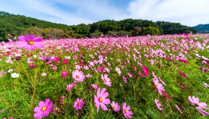 Pink cosmos field under a clear sky