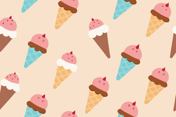 Whimsical Ice Cream Cone Seamless Pattern Pastel Background with Pink and Chocolate Flavors