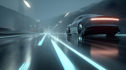 Futuristic electric car driving fast on wet road concept design rendering automotive technology speed 4k hd