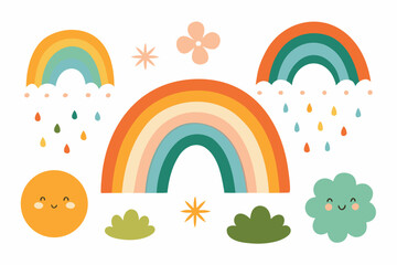 Whimsical Rainbows, Smiling Sun and Cloud, and Floral Elements on a White Background