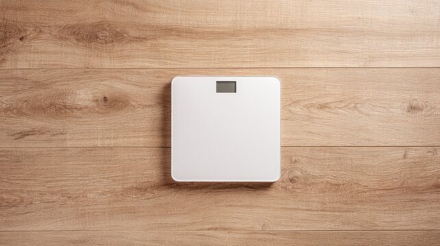 Weigh scales on wooden floor with soft morning light, representing healthy lifestyle concepts.