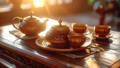Fototapeta premium Elegant wooden tea set on a polished table with carved teapot, matching cups, and natural warm tones in soft lighting