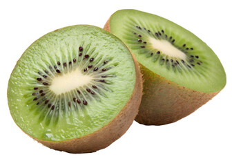 Fototapeta premium Two Halves of a Realistic Green Kiwi Fruit Sliced Open Showing Detailed Interior Seeds and Flesh Texture isolated on a transparent background
