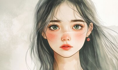 Portrait of a Girl with Gray Hair and Pierced Ears in Watercolor Style
