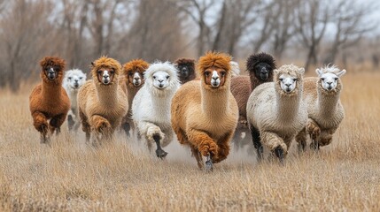 Fototapeta premium A herd of llamas is running through a dry field, kicking up dust in a dynamic composition.