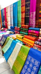 Colorful textiles displayed in rows