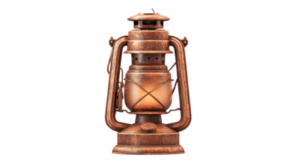 Antique Copper Lantern with Glowing Light on Transparent Background
