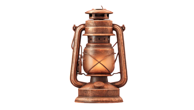 Antique Copper Lantern with Glowing Light on Transparent Background