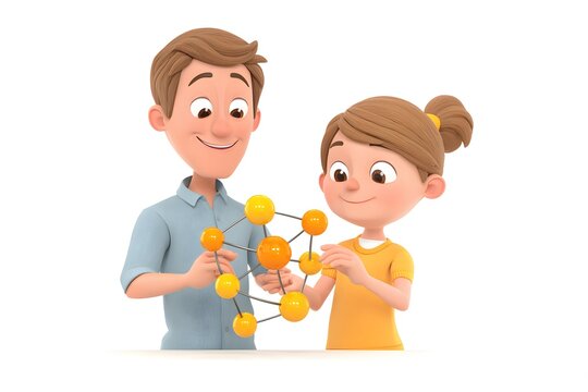 A smiling dad and daughter assembling a small solar system model, teamwork and science fun, 3d animation, isolated on a white background