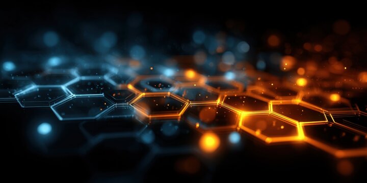 Abstract digital honeycomb network with vibrant orange and blue glowing hexagons