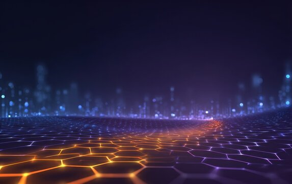 Abstract digital landscape with glowing hexagonal grid - Powered by Adobe
