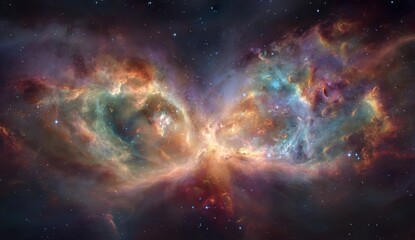 Cosmic nebula, vibrant hues, swirling clouds