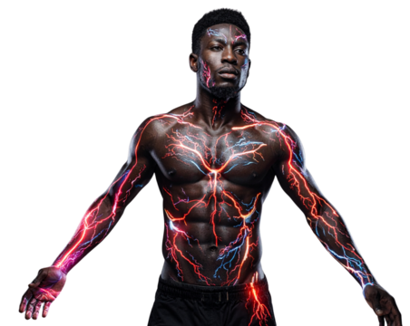  Futuristic Male Torso with Neon Lightning Veins PNG