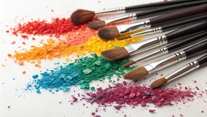 Obraz premium Cosmetic Brushes with Colorful Pigments Artistic Arrangement of Makeup Brushes and Powders Vibrant Makeup Colors and Brushes Professional Makeup Tools with Rainbow Pigments
