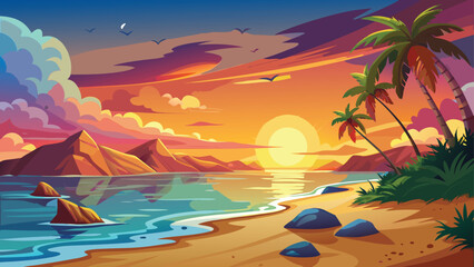 A tranquil summer sunset over a tropical island paradise with palm trees and a boat on the calm ocean waves