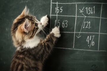 A curious cat interacts with a chalkboard, pointing at numbers and graphs, creating a playful and humorous academic scene.