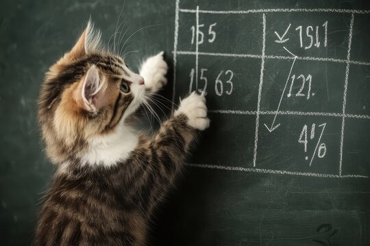 A curious cat interacts with a chalkboard, pointing at numbers and graphs, creating a playful and humorous academic scene.