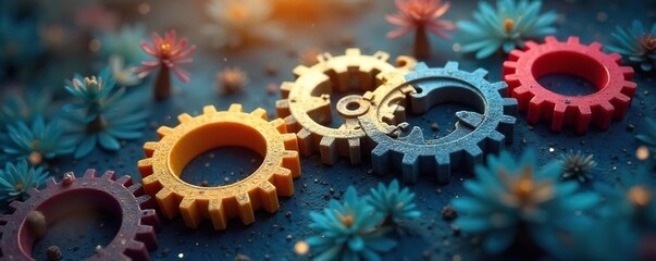 Five interconnected gears spinning smoothly, representing efficient resource allocation and sustainable economic growth A concept of balanced, thriving economy , commerce, innovation