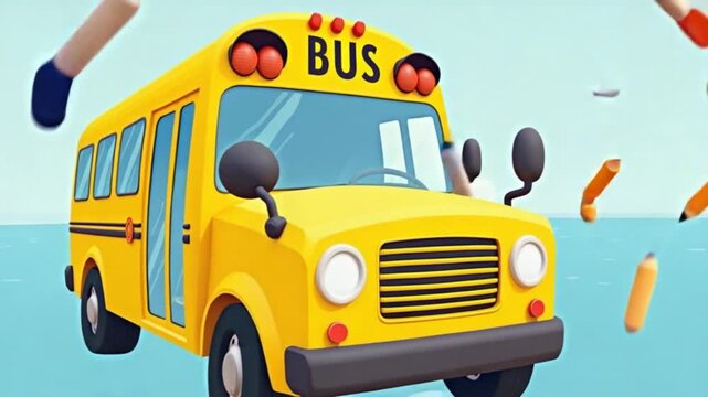 Yellow bus and various tools shown floating for classroom theme