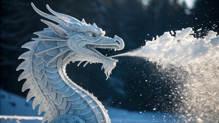 Majestic ice dragon sculpture breathing a frosty cloud of snow, symbolizing power and winter magic in a fantasy setting.
Mythical white dragon of winter incarnate, a legendary creature breathing ice 