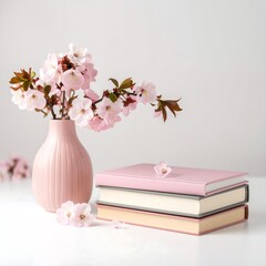 Pink vase with cherry blossoms beside stacked books