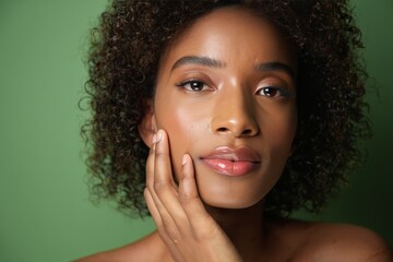 Beautiful Black Woman Portrait with Subtle Makeup and Hand on Face