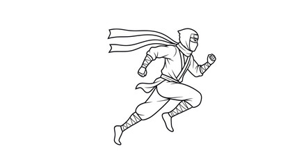 A black and white line art illustration of a traditional ninja warrior running in a dynamic action pose with a long flowing scarf.