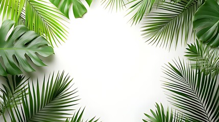 White Central Area Surrounded by Green Leaves, Monstera & Palm Leaves Form Natural Border, Tropical Vibe, White Background, Fresh Minimalist