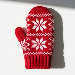 Red Knitted Mitten with White Snowflake Pattern on White Surface with Sunlight