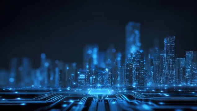 A futuristic cityscape, rendered in glowing blue light, sits atop a circuit board-like surface - Powered by Adobe