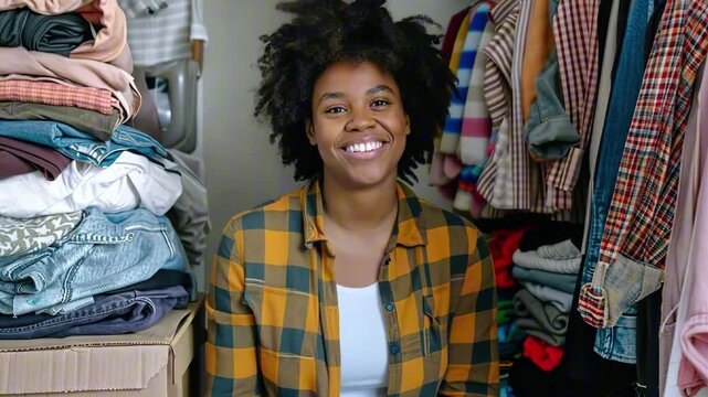 Smiling afro american woman in yellow plaid shirt sitting in closet filled with folded clothes and hanging garments. Concept of sustainable fashion and wardrobe organization