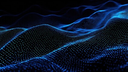 Abstract digital landscape of swirling blue and teal particles.  Dark background.  Intricate wave-like patterns