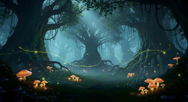 Enchanting fantasy forest scene featuring luminous mushrooms and ancient trees under a magical, glowing canopy. - Powered by Adobe