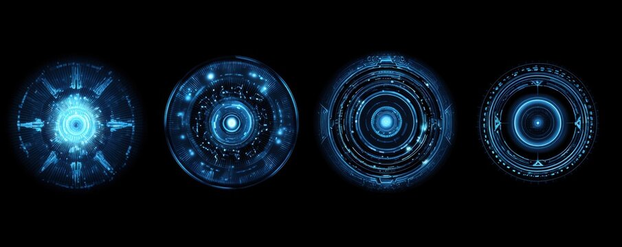 Four glowing, circular, futuristic interface displays - Powered by Adobe