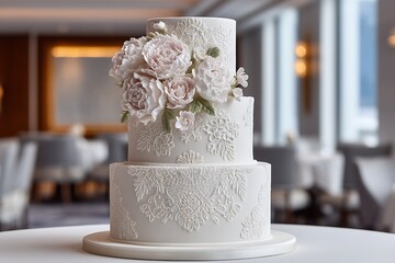 A classic white wedding cake with subtle lace patterns and a delicate sugar flower bouquet, exuding timeless elegance