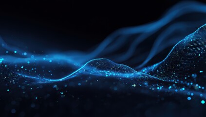 Abstract digital landscape.  Blue particles and lines form a wavy terrain on a dark background.  Particles range from fine dots to larger clusters,  creating a sense of depth