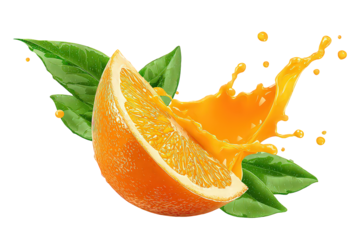 Orange Slice with Juice Splash and Green Leaves