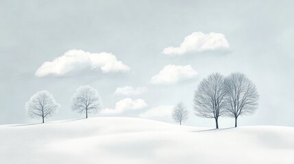 A snowy field with three trees and clouds in the sky