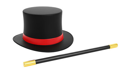 Black magic top hat and wand for magician performance equipment show trick illusionist accessory costume prop on transparent background