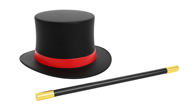 Black magic top hat and wand for magician performance equipment show trick illusionist accessory costume prop on transparent background