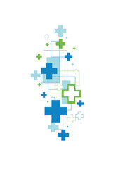 An abstract digital illustration features a dynamic composition of blue and green cross symbols, representing health, medical care, and positive well-being.