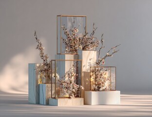 Decorative display of blossoms in glass containers on tiered platforms.