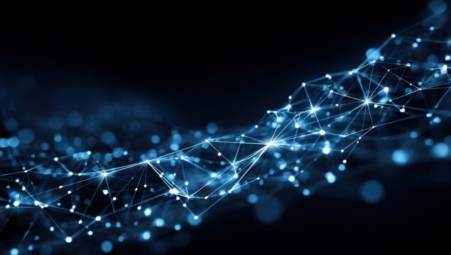 Abstract network graphic.  Dark background with a flowing, interconnected network of light blue points and lines.  Bokeh effect around the points adds depth